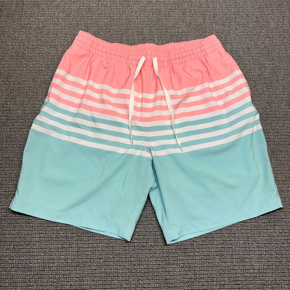 Chubbies Mens Swim Trunks Large Pink Mint Green Striped 7 Inch‎ Inseam Shorts